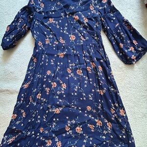 Navy Floral Midi Dress with Puff Sleeves